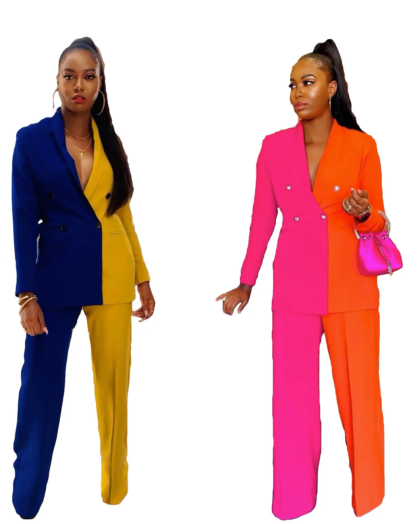 Women's Set Long Sleeve Blazer Pants Suit Elegant Office Lady Buttons Stitching Patchwork Blazer and Zipper Pants Two Piece