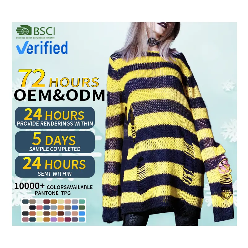 Sweter rajut logo kustom OEM ODM sweter rajutan uniseks Hitam Kuning bergaris goth ripped streetwear ukuran besar sweater rajut lebah sibuk