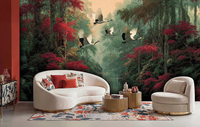 Papier peint mural Forêt Mystique personnalisable avec grue en vol et arbres d'érable rouge, décoration murale botanique sombre pour intérieur de maison de luxe