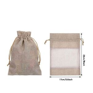Sac en toile de jute réutilisable avec fenêtre en organza 17x23cm, grande pochette en lin durable pour les courses et les fournitures domestiques - Product Image 2