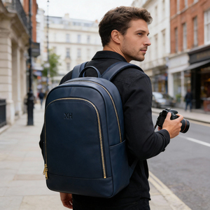 Zaino in Pelle Blu Navy Opaco OEM/ODM, Zaino per Fotocamera in Pelle Pieno Fiore Personalizzato con Logo in Rilievo - Product Image 1