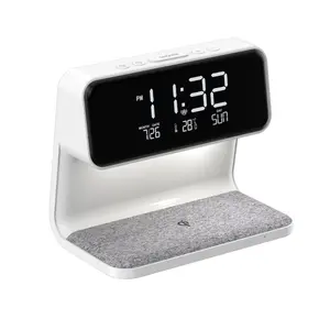 Lampu samping tempat tidur Universal, pengisi daya ponsel jam Alarm layar LCD 3 dalam 1 10W tanpa kabel