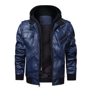 Veste en cuir à capuche bleue pour homme, fermeture éclair, vêtements d'extérieur d'hiver, élégante, décontractée, veste de motard, chaude, tendance pour homme - Product Image 1