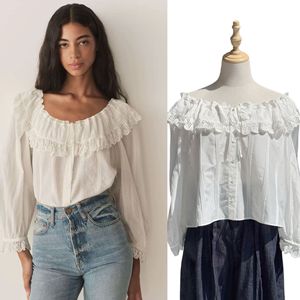 Blusa blanca francesa vintage romántica de encaje pesado con volantes para mujer, blusa holgada de manga larga con protección solar - Product Image 2
