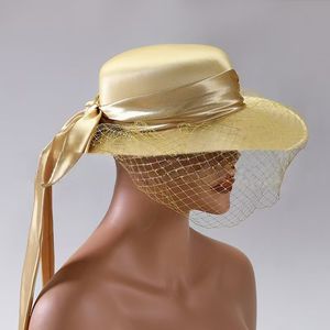 Nouveau chapeau de soleil tendance pour femmes Kentucky Derby à large bord chapeau de fête de mariage d'église en satin avec voile en maille et gros nœud papillon - Product Image 6