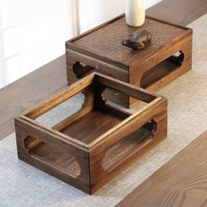 Table à thé de style chinois ajourée, plateau rectangulaire empilable en rotin avec rangement pour salon de thé ou bureau - Product Image 2