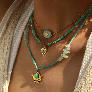 Tarnish-Free <strong>Boho</strong> Stainless Steel Snake Chain Choker Trendy Natural Amazonite Beads Stacking <strong>Necklace</strong> with Diamond Main Stone - Product Image 2