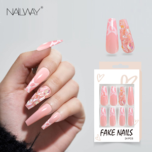 Nailway 24 pièces <span class=keywords><strong>Faux</strong></span> <span class=keywords><strong>ongles</strong></span> à presser longs forme cercueil rose nude français avec strass en cristal et paillettes - Product Image 2