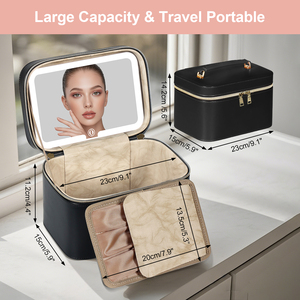 Étui de maquillage professionnel noir avec miroir LED Organisateur de cosmétiques en <span class=keywords><strong>cuir</strong></span> imperméable Porte-balais à lumière 3 couleurs - Product Image 2