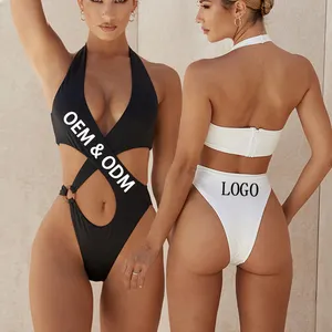 High Quality Monokini Sexy Custom Bathing Suits One Piece Cross Neck Swimsuit and Black White Bikini Set