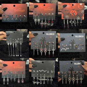 6 Pairs Goth Red Crystal Skull Spider Metal Drop <b>Earrings</b> Set Women Halloween Creative Cross Rose <b>Piercing</b> <b>Earring</b> Jewelry - Product Image 2