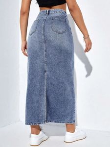 OEM ODM Hochwertiger Maxi-Jeansrock für Damen mit Stickerei, Lässiger Midi-Rock mit Hohem Bund, Street-Style, Schlitz und Ausgefranstem Saum - Product Image 6
