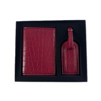 Ensemble porte-cartes et étui de passeport en cuir PU gaufré crocodile bordeaux pour femme, avec étiquette de bagage en cuir synthétique et coffret cadeau