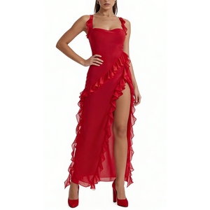 Vestido Maxi Elegante y Romántico para Mujer con Volantes, Tirantes Finos y Abertura Alta - Moda - Product Image 1