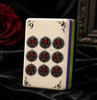 Juego de Mahjong Americano de Porcelana Azul Personalizado para Halloween, 160 Fichas Laminadas de Cuatro Capas Grabadas con Diseño de Cuervo, Castillo, Calavera, Rosa, Luna de Sangre
