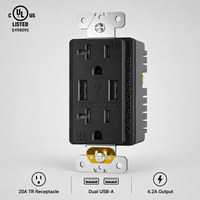 Prise électrique noire 20A NEMA 5-20R avec double chargeur USB-A 4.2A, résistante aux manipulations, double prise 125V 60Hz, homologuée CULus