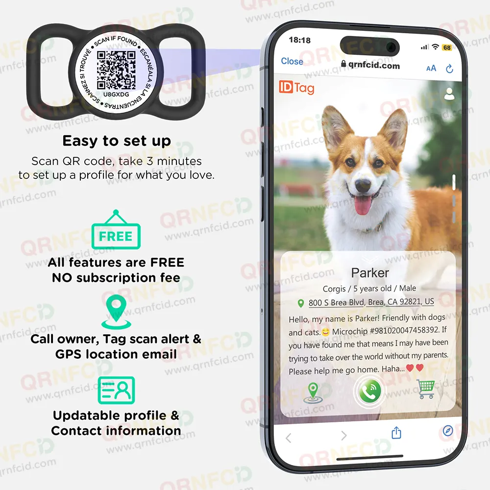 Etiqueta de identificación de collar de perro mascota deslizante con código QR NFC de silicona personalizada