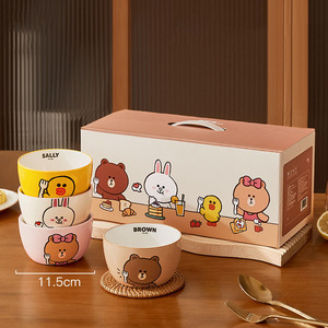 Ensemble de 4 bols en céramique, motif lapin brun de dessin animé, Sally Choco, vaisselle pour la maison, boîte cadeau pour le dîner quotidien en famille - Product Image 1