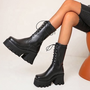 PU Upper Thick Sole Women Boots Back Zipper Combat Short <b>Booties</b> High Heel Comfortable Lace up Half Knee High Boots Shoes - Product Image 2