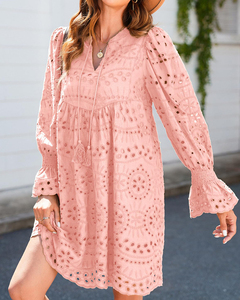 Vestido Corto Holgado Informal de Manga Larga con Encaje Calado y Cuello en V <span class=keywords><strong>para</strong></span> Mujer, Color Sólido, <span class=keywords><strong>para</strong></span> Primavera y Verano - Product Image 3