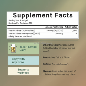 Extra Sterkte Vitamine D3 10,000 Iu & K2 Mk-7 200mcg Softgel, Gmo & Glutenvrij, Immuunondersteuning, 300 Stuks, 180 Stuks - Product Image 6