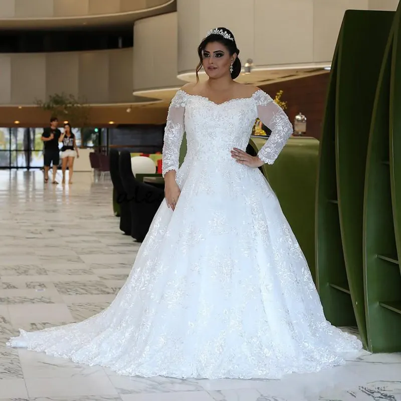 FA235 tasarım özel yapılmış bayanlar dantel bir çizgi düğün elbisesi kristal boncuklar artı boyutu kapalı omuz kadınlar için uzun kollu