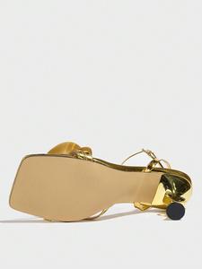 <b>Gold</b> Metallic Flower Decor High <b>Heel</b> Sandals Square Open Toe Ankle Strap Unique Sculpted <b>Heel</b> <b>Wedding</b> Evening Shoes - Product Image 6
