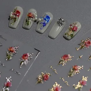 Sıcak 5D gerçekçi kabartma kırmızı altın güzel çiçek yapıştırıcı Nail Art etiketler çıkartmaları manikür Charms