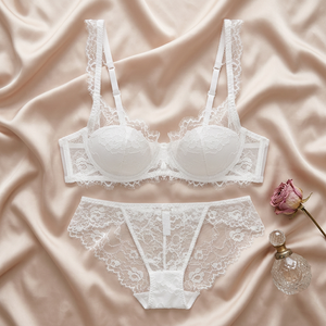 Wholesale Women's White Lace 3/4 <b>Cup</b> Floral Pattern Sexy Push-up Underwire <b>Bra</b> Panty Set Breathable Quick Dry Intimates - Product Image 1
