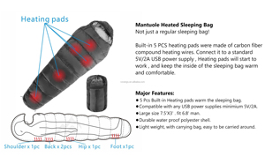 Support d'alimentation multi USB Système de chauffage thermique Auto-chauffant Grande qualité <span class=keywords><strong>Camping</strong></span> Sac de couchage électrique étanche Chauffant - Product Image 5