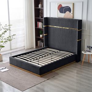 <span class=keywords><strong>Lit</strong></span> plateforme moderne minimaliste Queen/King avec rangement, revêtement en tissu velours et lattes en bois pour hôtels - Product Image 1