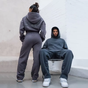 Custom High Quality Autumn Digital Print Streetwear Hooded Heavyweight Knitted 400gsm <strong>Tracksuits</strong> For Men Women - Product Image 2