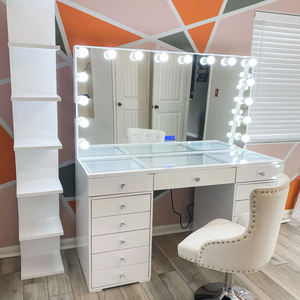 Tocador de Maquillaje Blanco <span class=keywords><strong>con</strong></span> <span class=keywords><strong>Espejo</strong></span> LED, Perillas de Cristal, Tapa de Vidrio y 13 Cajones de Almacenamiento - Product Image 4