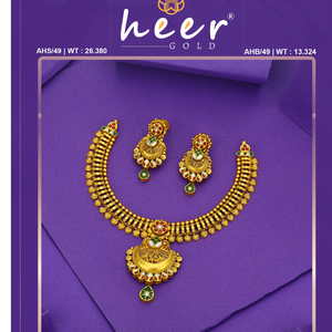 Traditional gold temple jewelry necklace set with earrings south indian bridal design antique finish colorful <b>stones</b> wear - Product Image 2