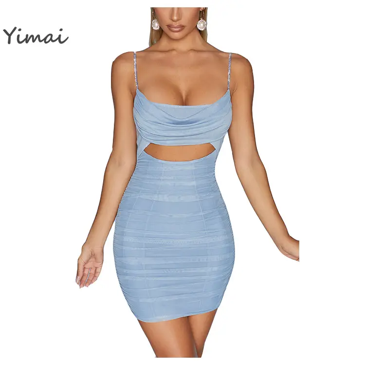 OEM Customization Women Summer Cowl Neckline Diamond Straps Bodycon Hollow Out Short Mini Hot Sexy Dress