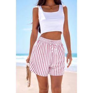 Pantalones cortos de verano con cintura elástica para mujer, pantalones de pijama de algodón a rayas blancas y rosas con bolsillos, ropa para vacaciones en la playa - Product Image 4