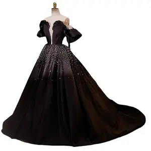 사용자 정의 만든 고딕 블랙 볼 가운 긴 소매 럭셔리 구슬 빛나는 크리스탈 웨딩 드레스 할로윈 새틴 드레스 큰 활