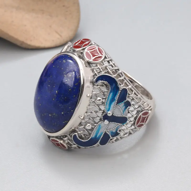 Vintage Sterling Silver Jewelry Wholesale S925 Silver Blue Enamel Natural Lapis Oval Free Size Openable Ring for Men