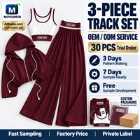 Fabricant OEM ODM de survêtements décontractés pour femmes, ensemble trois pièces personnalisé : sweat à capuche, débardeur contrastant et pantalon taille haute à jambes larges, couleur rouge bordeaux