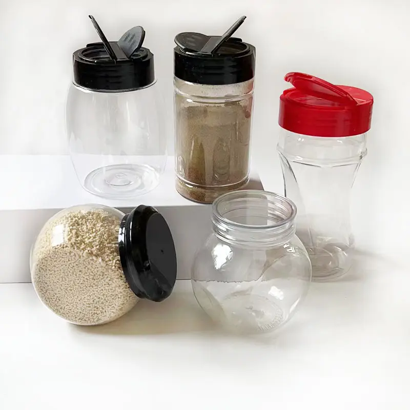 Atacado Plastic Spice Jars Clear Plastic PET Container Food Jar Tempero Container Frascos de plástico transparente com Flip Top Cap