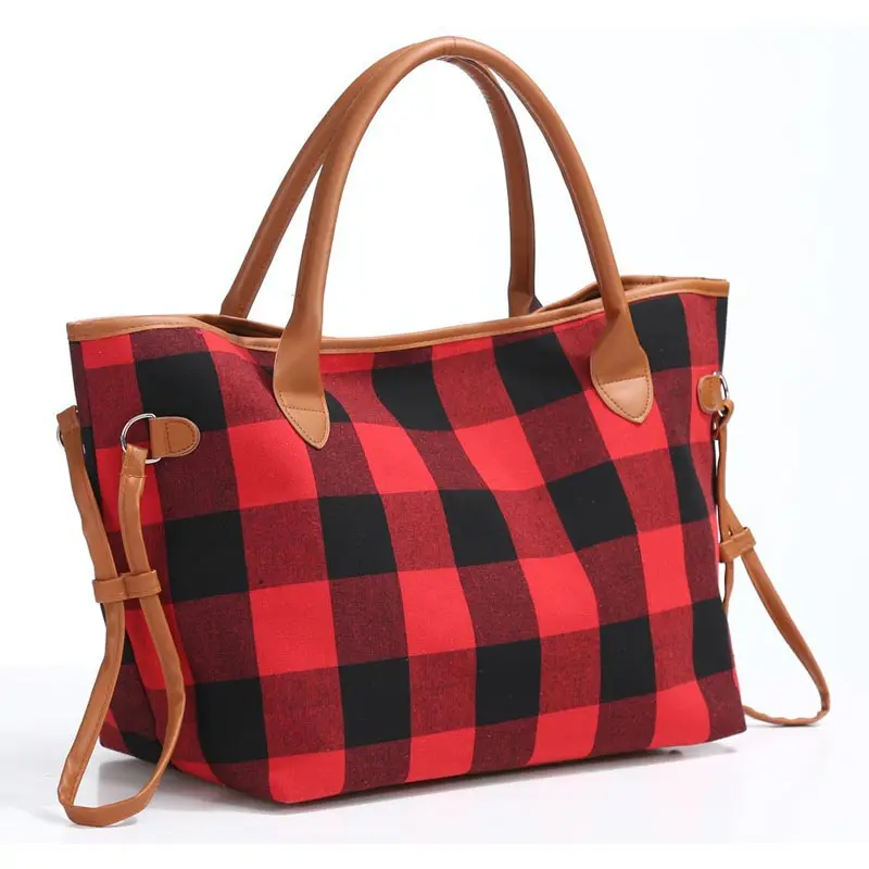 Fashion Zenith Amazon hot selling black red checkered fabric bag large capacity gym shopping tote bag for Christmas