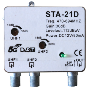 เครื่องขยายสัญญาณเสาอากาศ UHF รุ่น STA-21D แบบ 2 อินพุต 470-694MHz กำลังขยาย 30dB 1 เอาต์พุต รองรับ DVB-T 5G - Product Image 1
