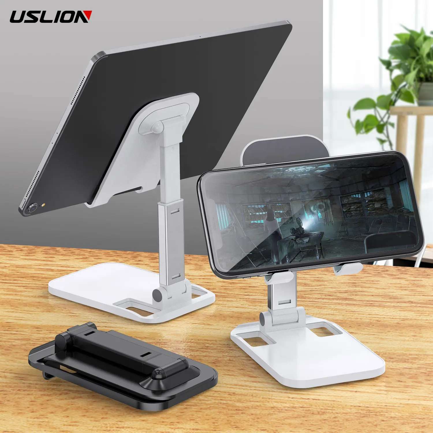 USLION OEM LOGO Portable Folded Adjustable Phone Holder Stand Desktop Universal Aluminum Smartphones Tablet Support