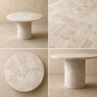 Table à manger ronde moderne en travertin blanc naturel finition mate, piédestal cylindrique, 4 places, mobilier de maison personnalisable