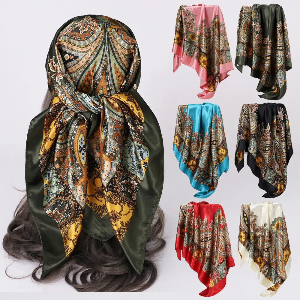 Lenços vintage populares de seda Paisley lenços de seda de cetim 90x90 lenço de seda estampado Hijab de cetim para mulheres