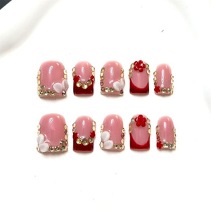 Faux ongles carrés courts faits à la main, rose French manucure avec motifs floraux 3D et strass, ongles d'orteil en acrylique de luxe - Product Image 4