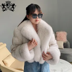 Excellent Fluffy Custom Winter Heavy Warm Women Crop Fur Collared Real Fox Fur Coat Jacket