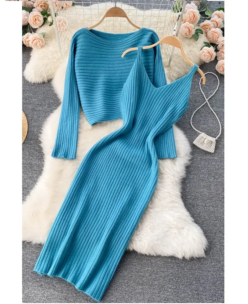 2022 New Retro Short Jacket Camisole V-Neck Temperament Sheath Dress 2 Piece Knit Winter Sets For Women