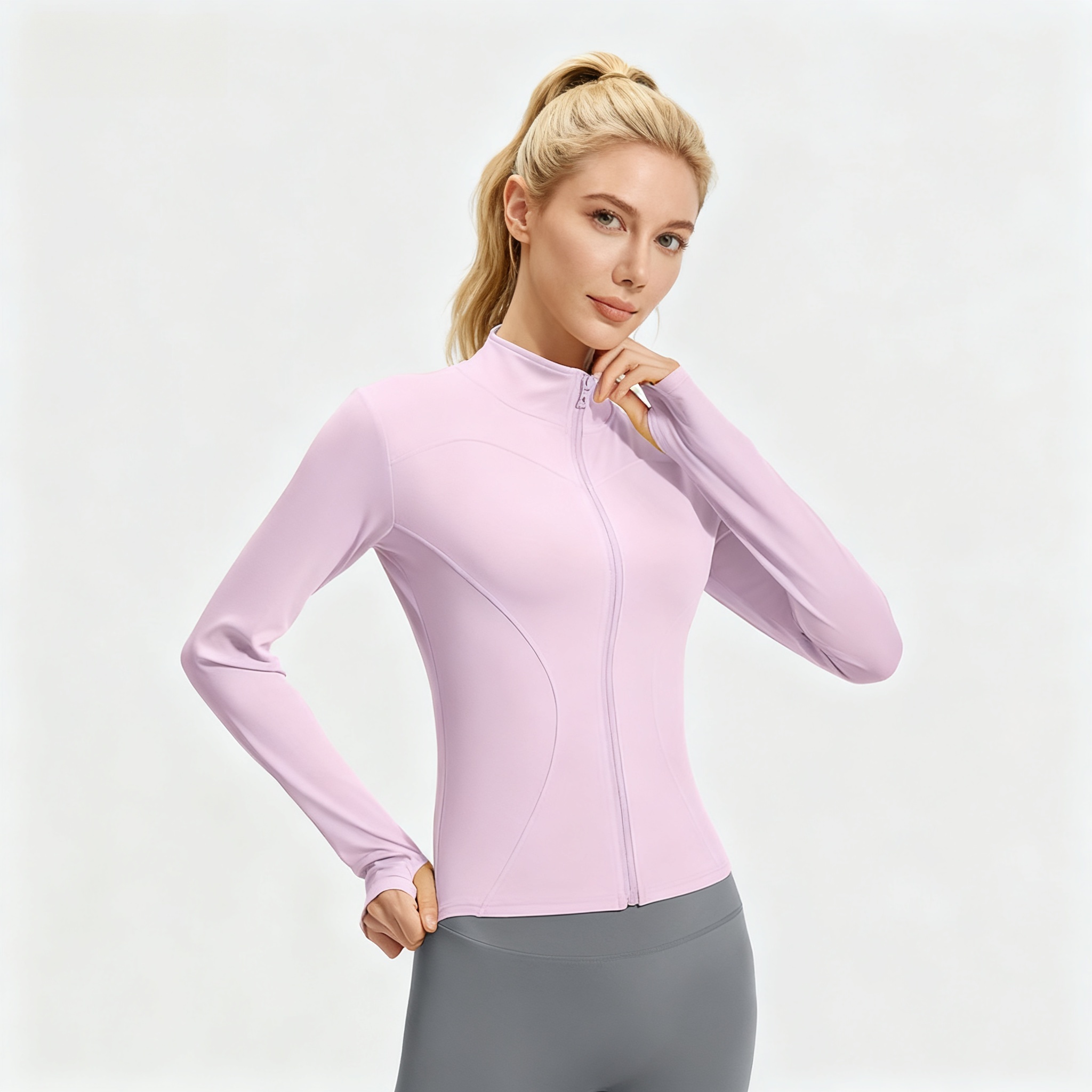 Women's Zipper Slim-fitting Long-sleeved Top with Stand Collar Sports Tight-fitting Thumbholes Yoga Wear Jacket