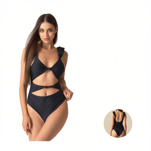 Maillot de bain une pièce HDJ grande taille avec découpes et volants, monokini taille haute pour femme, couleur unie SQ66098 - Product Image 2